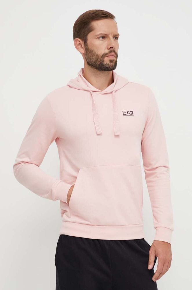 Кофта EA7 Emporio Armani чоловіча колір рожевий з капюшоном однотонна