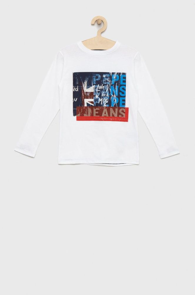 Дитячий бавовняний лонгслів Pepe Jeans Claus колір білий з принтом