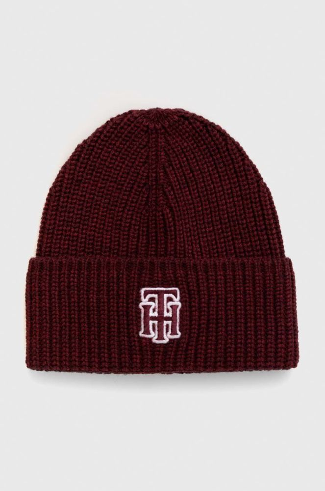 Вовняна шапка Tommy Hilfiger колір бордовий з товстого трикотажу вовна