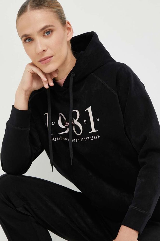 Кофта Guess жіноча колір чорний з капюшоном з принтом (3545768)