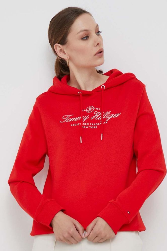Бавовняна кофта Tommy Hilfiger жіноча колір червоний з капюшоном з аплікацією (3473343)