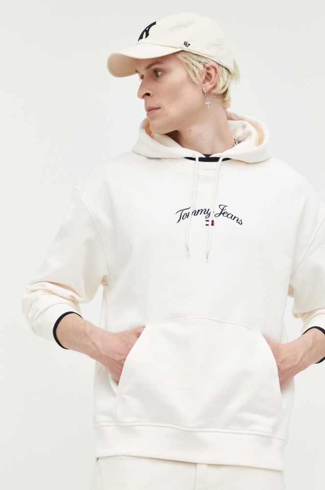 Бавовняна кофта Tommy Jeans чоловіча колір бежевий з капюшоном однотонна