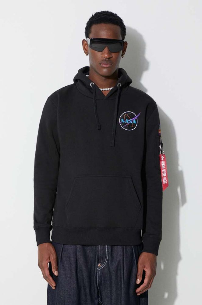 Кофта Alpha Industries x Nasa чоловіча колір чорний з капюшоном з аплікацією