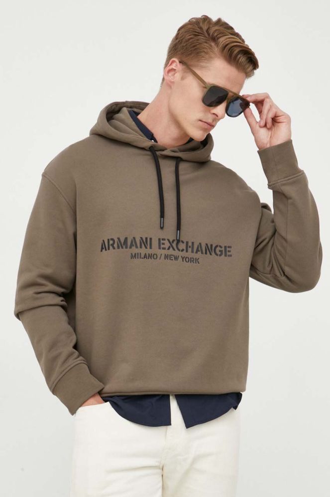 Бавовняна кофта Armani Exchange чоловіча колір зелений з капюшоном з принтом