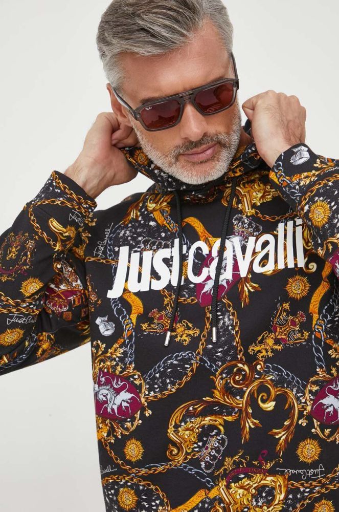 Бавовняна кофта Just Cavalli чоловіча з капюшоном візерунок колір барвистий
