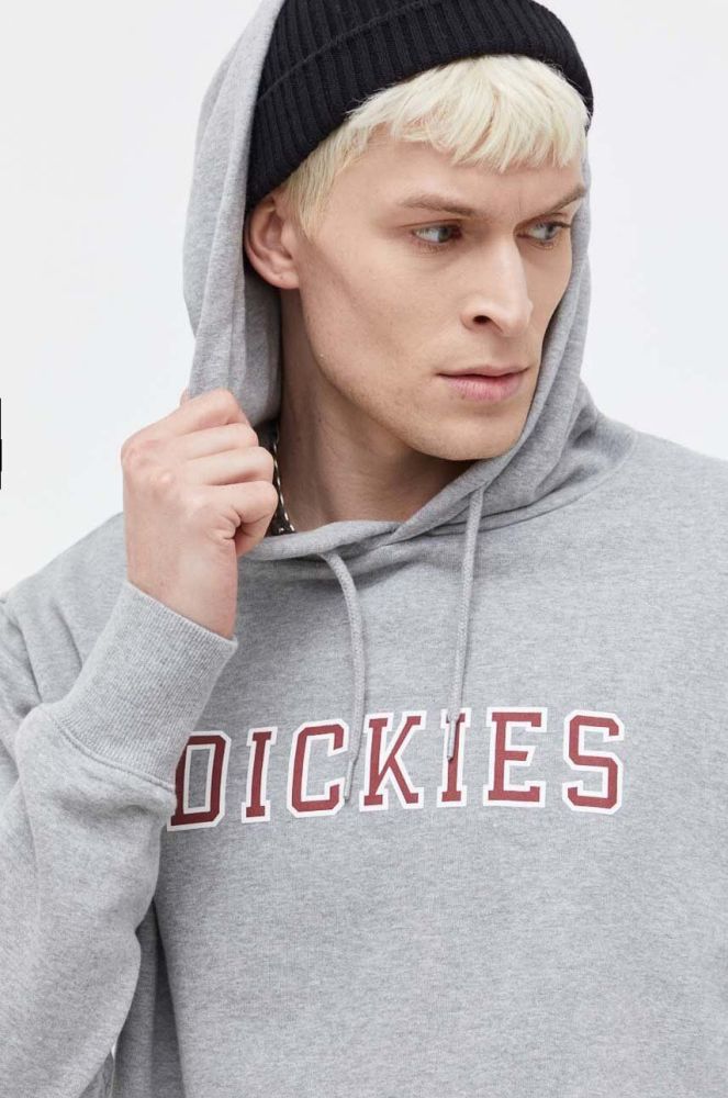 Бавовняна кофта Dickies чоловіча колір сірий з капюшоном з принтом