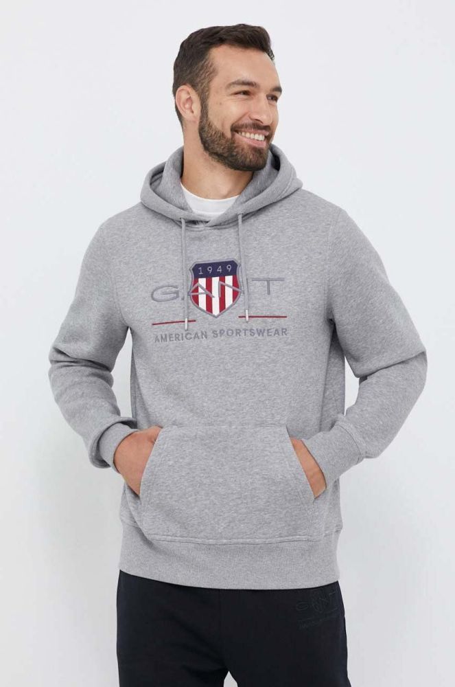 Кофта Gant чоловіча колір сірий з капюшоном з аплікацією (3337934)