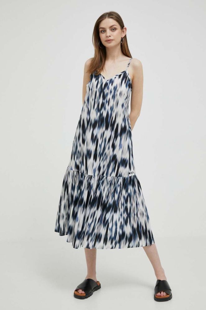 Бавовняна сукня Dkny midi розкльошена колір блакитний