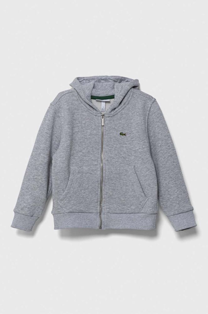 Дитяча бавовняна кофта Lacoste колір сірий з капюшоном однотонна