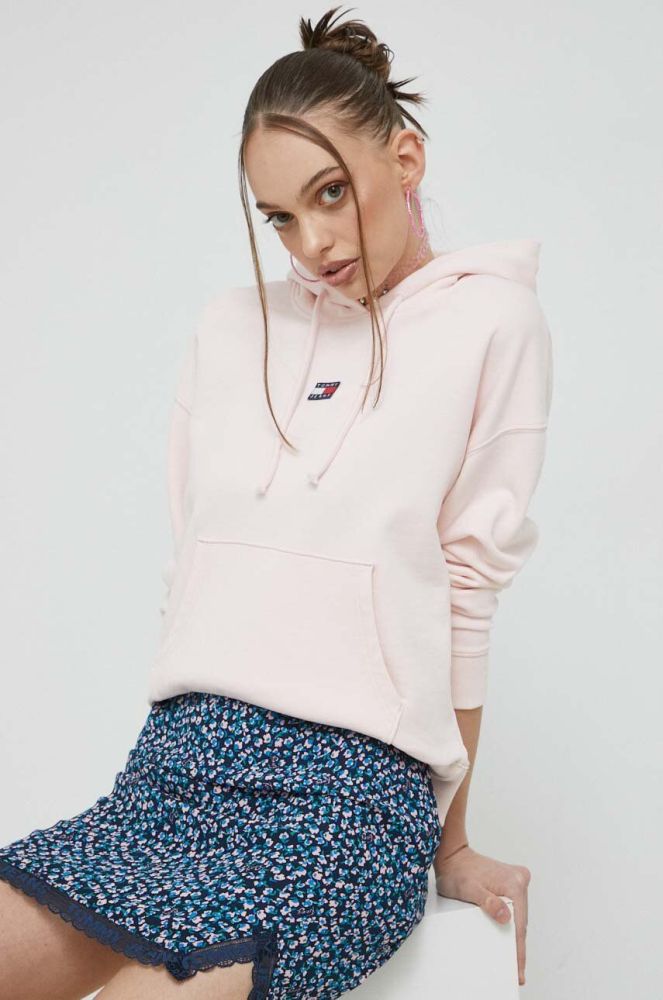 Бавовняна кофта Tommy Jeans жіноча колір рожевий з капюшоном з аплікацією (2983431)
