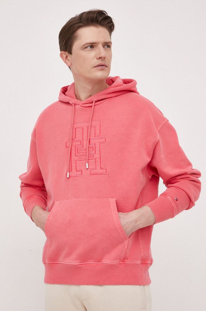 Бавовняна кофта Tommy Hilfiger чоловіча колір помаранчевий з капюшоном з аплікацією