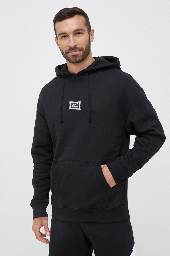 Кофта Reebok Classic чоловіча колір чорний з капюшоном з принтом HU2015-BLACK
