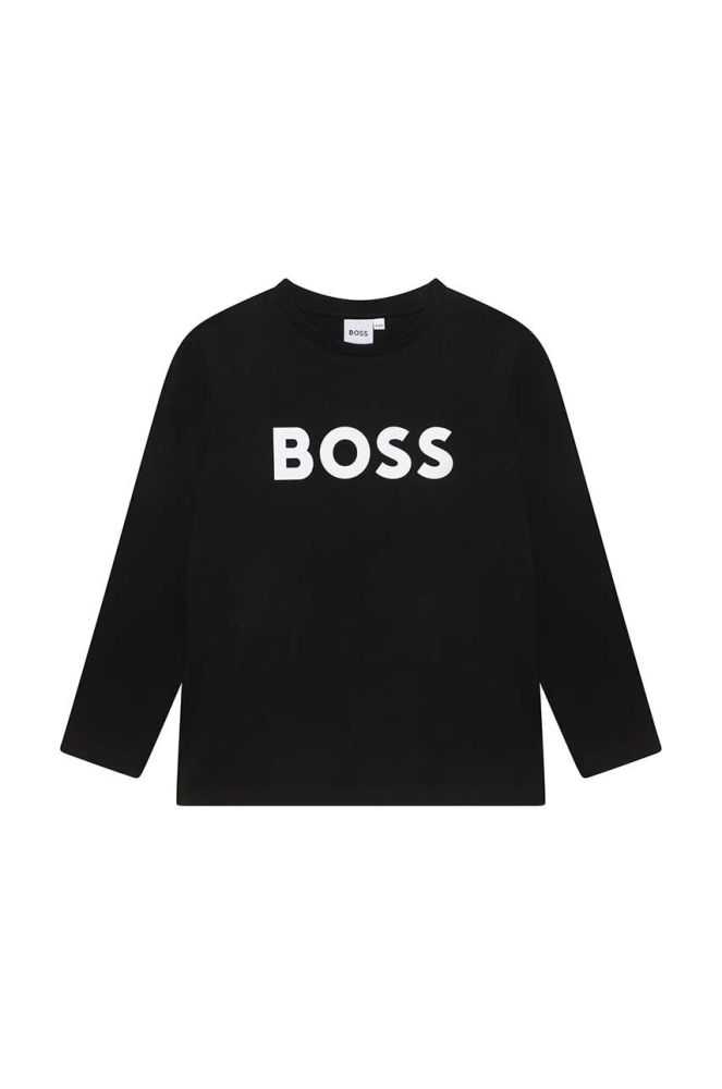 Дитячий бавовняний лонгслів BOSS колір чорний з принтом