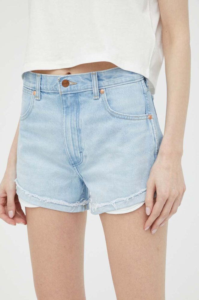 Джинсові шорти Wrangler жіночі однотонні висока посадка колір блакитний (3178032)